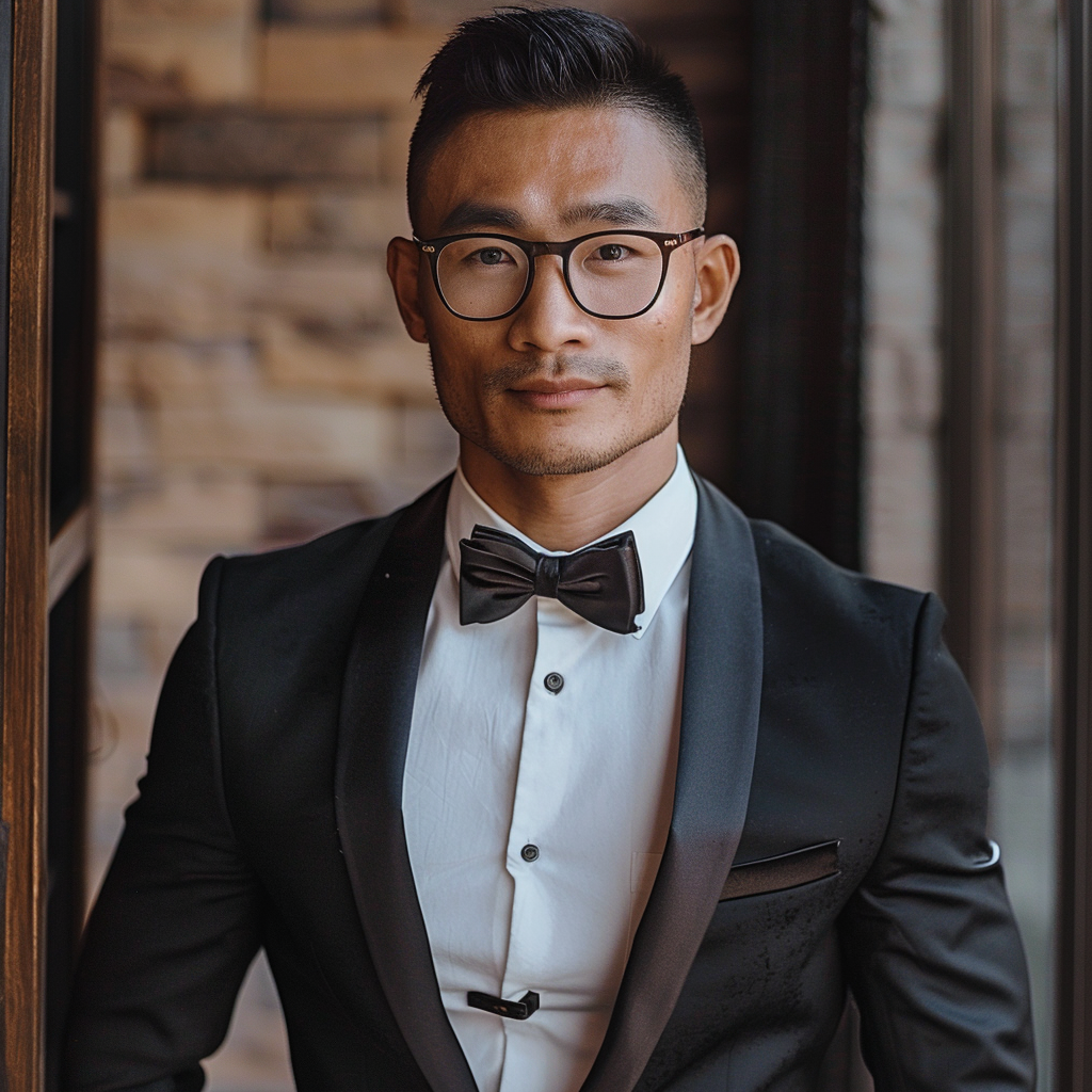 Chinese man in black tuxedo on catwalk