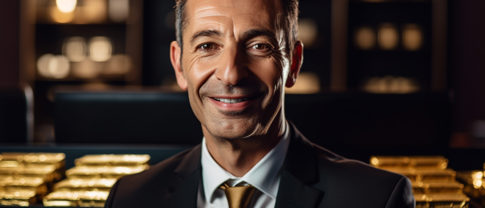 Smiling male concierge with gold bullion bars