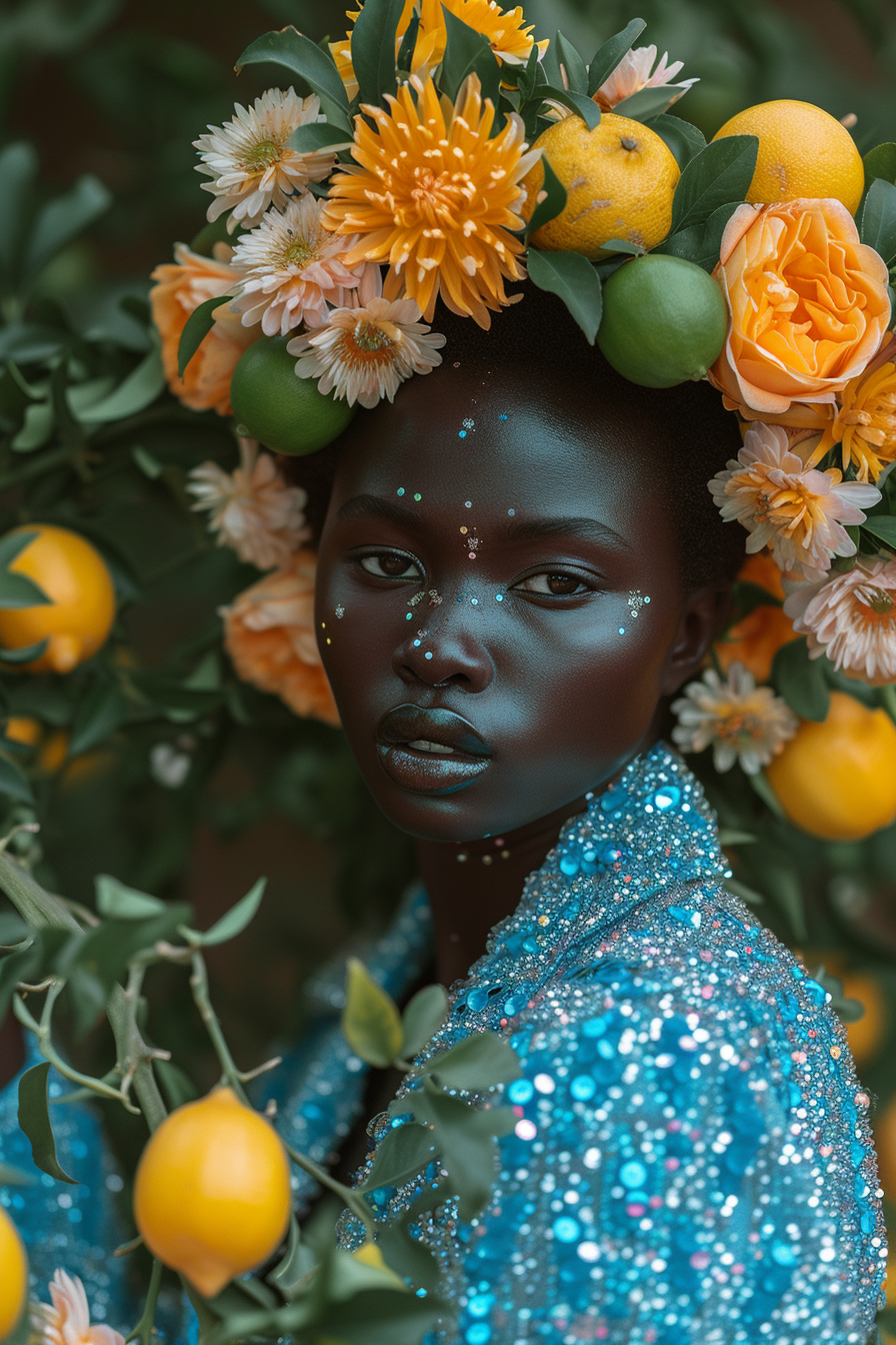 Man in Cyan Sequinned Jacket with Flowers