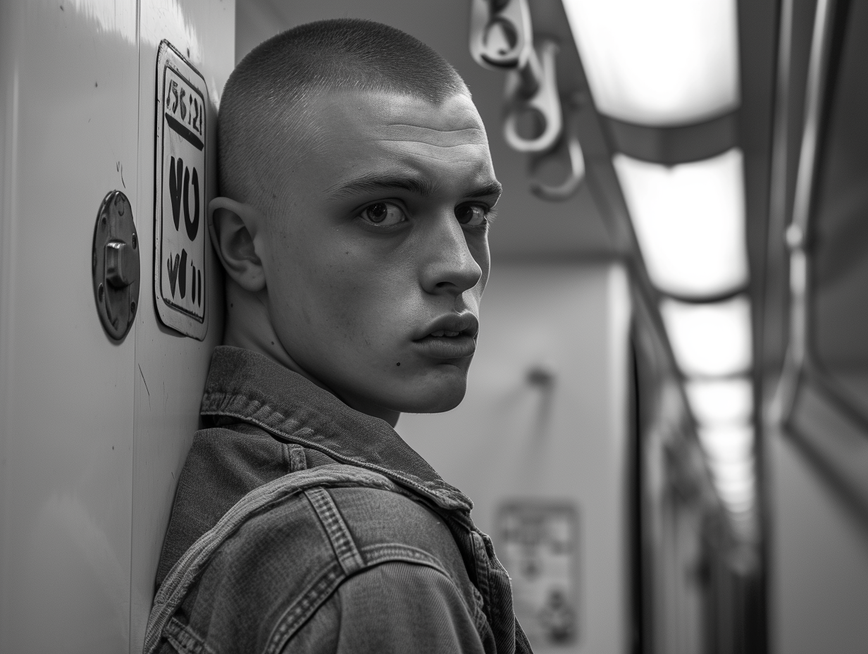 Handsome guy on a train bathroom door