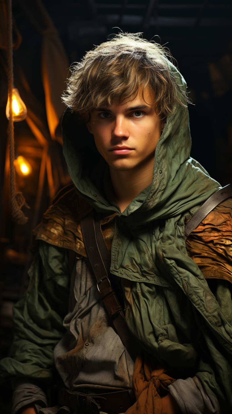 Handsome half elf ranger with green hooded cloak