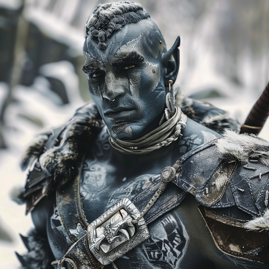 Handsome grey-skinned half-orc warrior