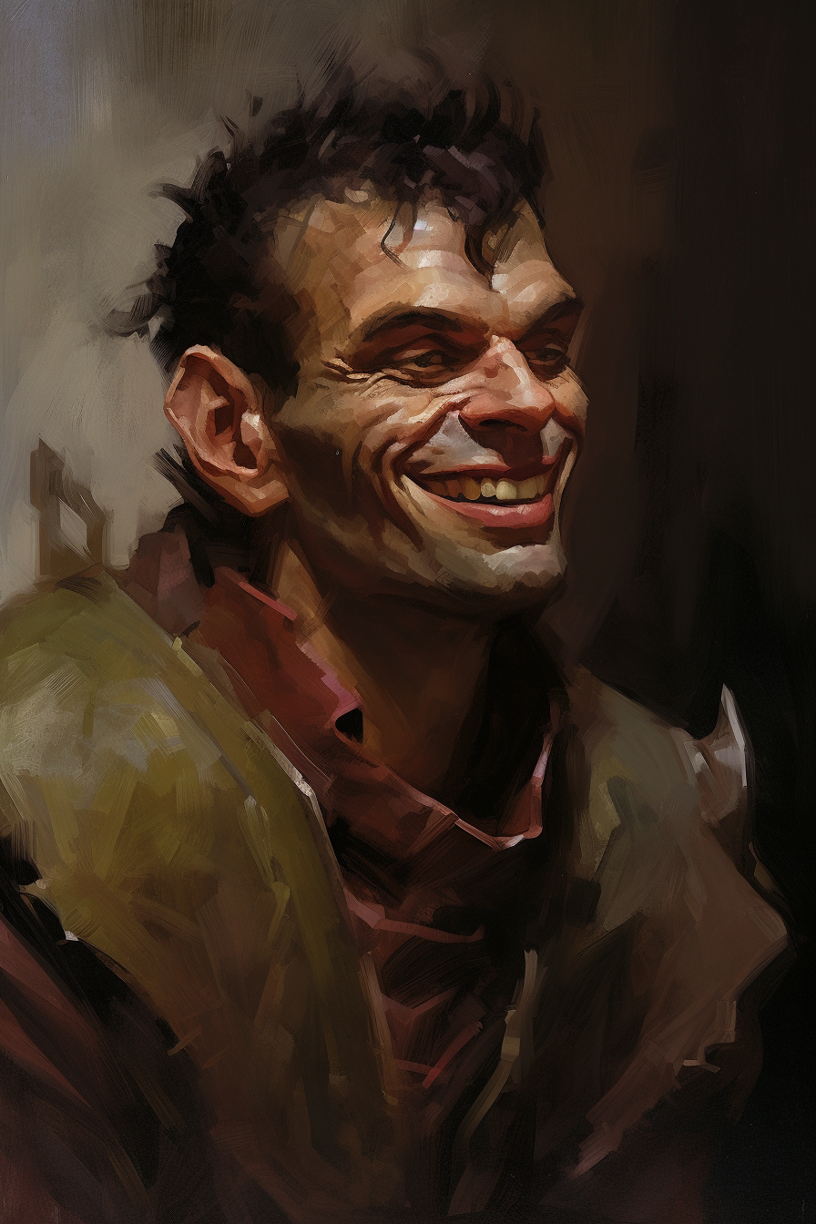 Handsome hobgoblin male with jolly expression in oil painting