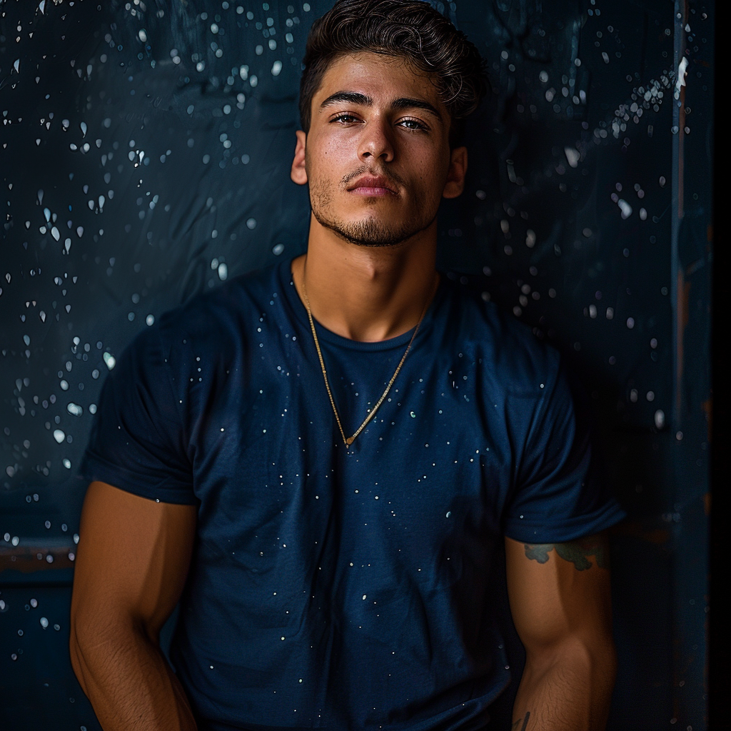 Latino man in blue navy shirt