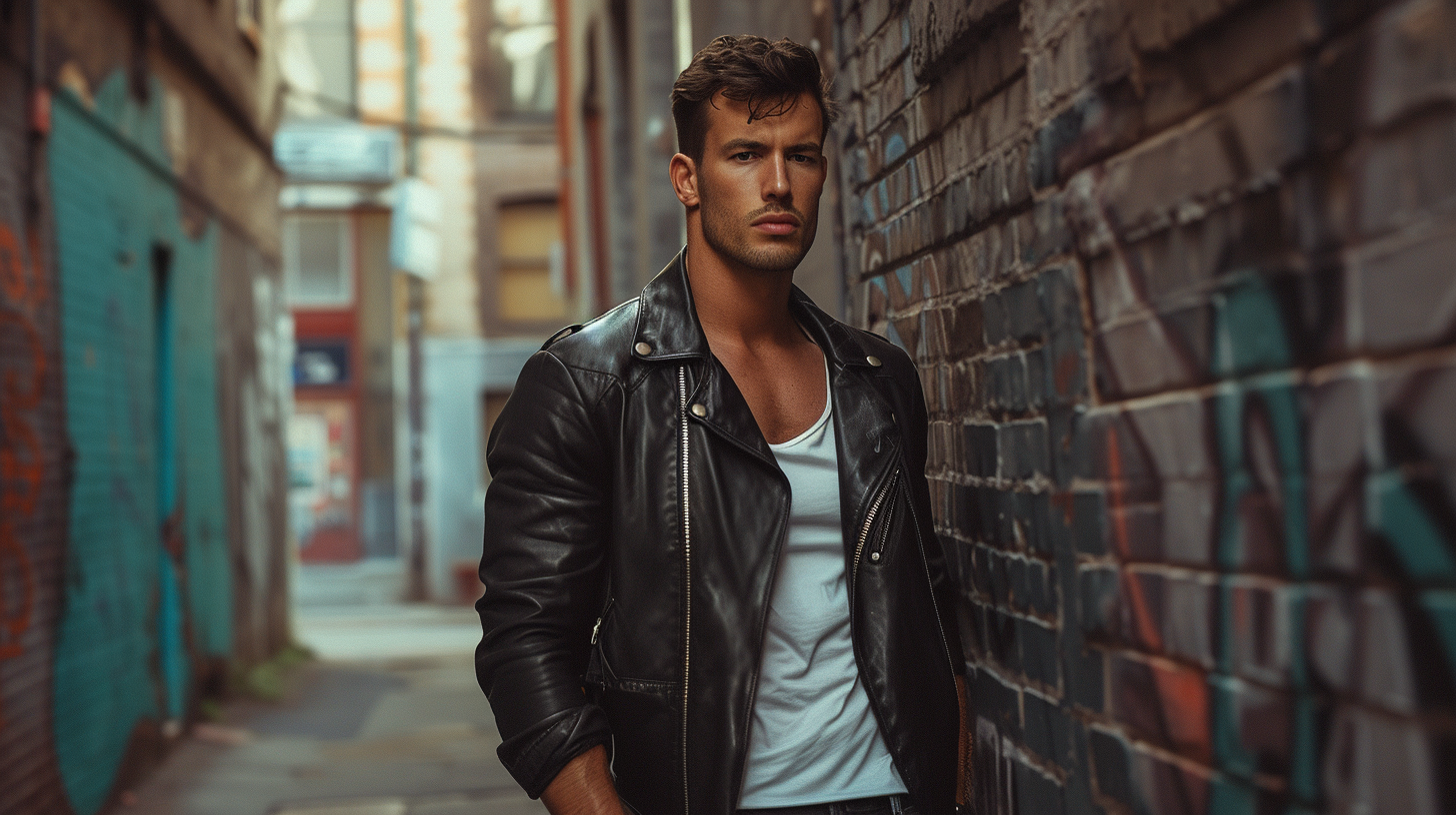 Handsome male model in vintage leather jacket on street