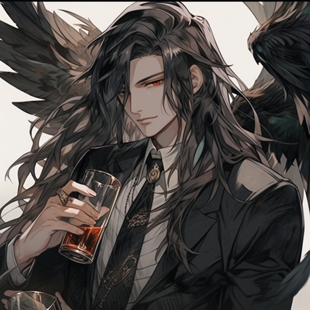 Stylish man with black dragon wings holding a glass of whiskey