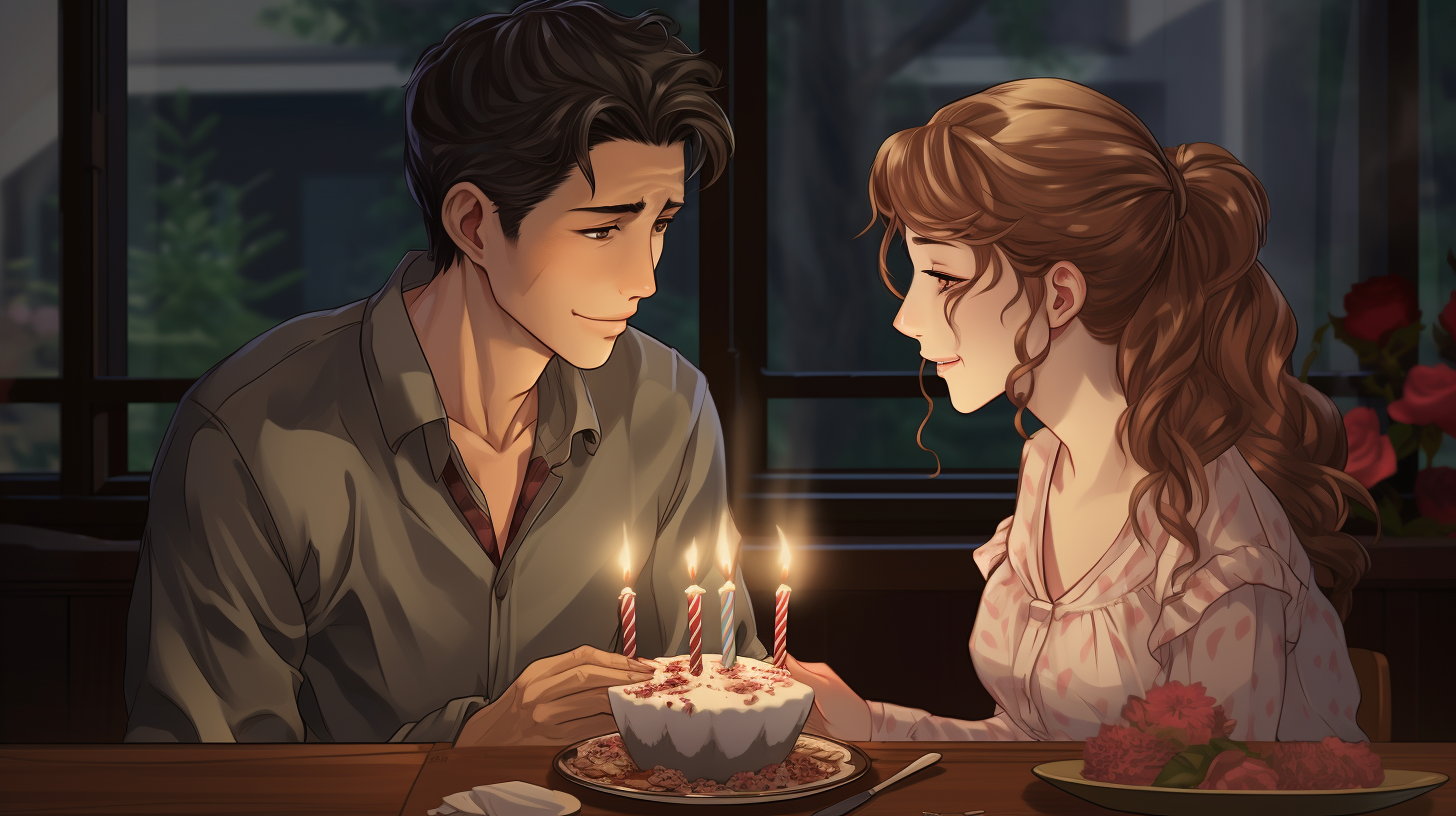 Anime style man blowing birthday candles