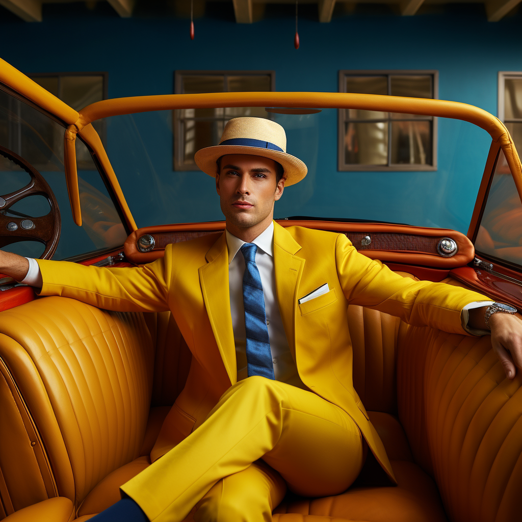 Handsome Man in Yellow Hat with Blue Convertible and Red Tufted Seats