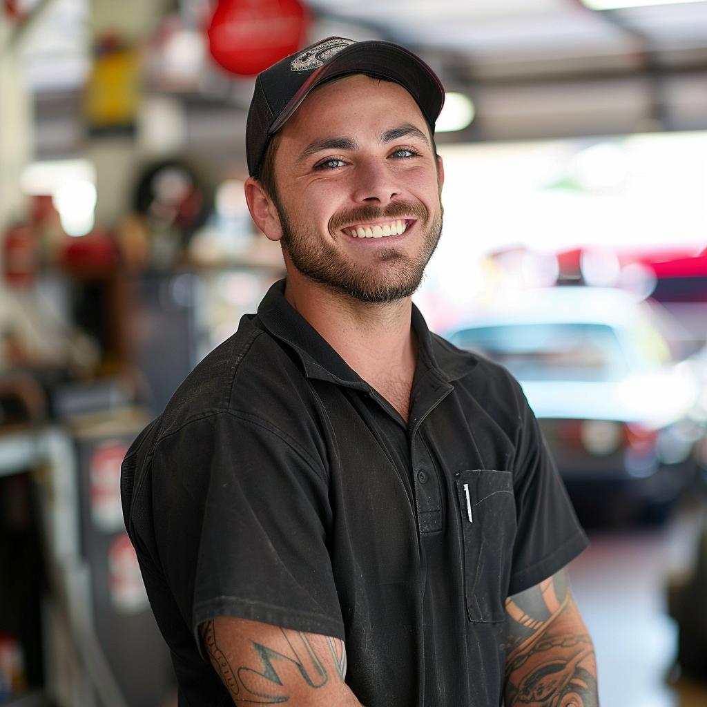 white mechanic black polo dealership