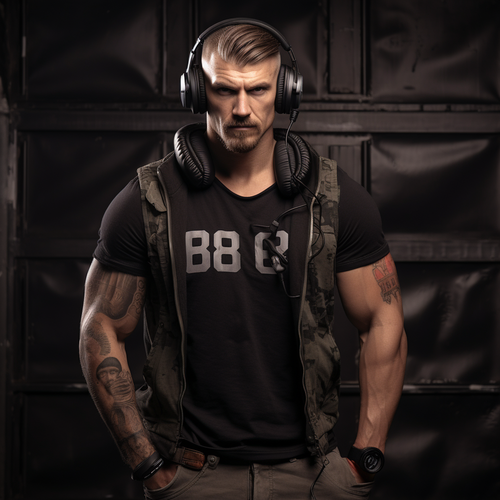 30-year-old muscle man wearing headphones