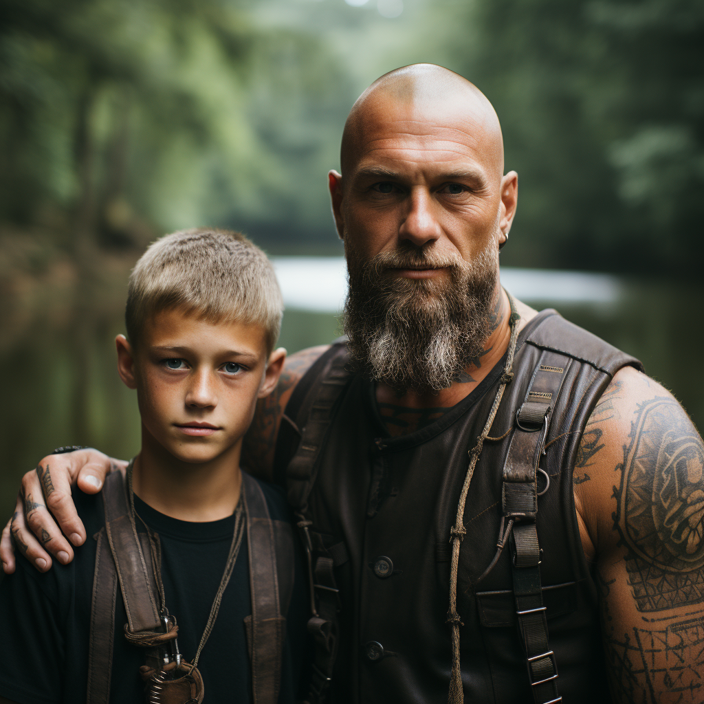 Handsome Muscular Swimmer Dad and Son by the Lake