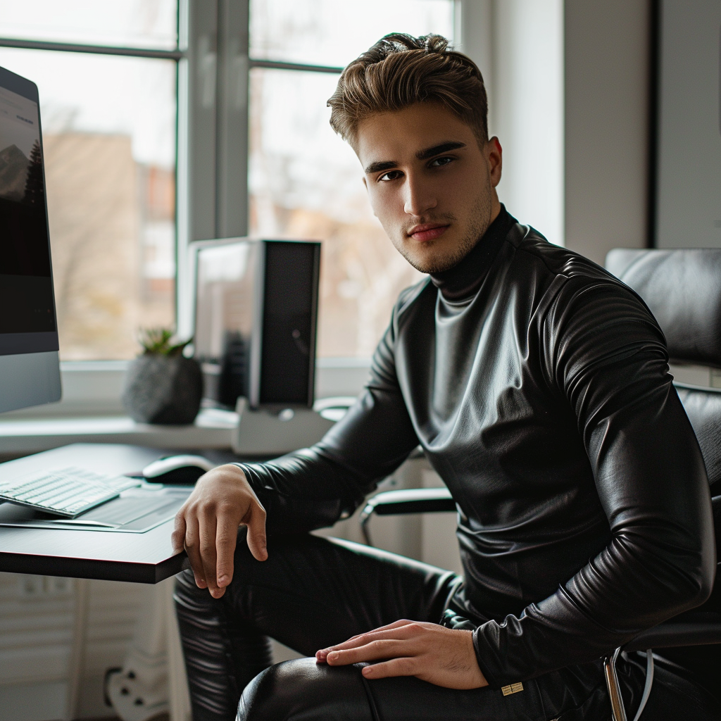 Young man in leather sitting