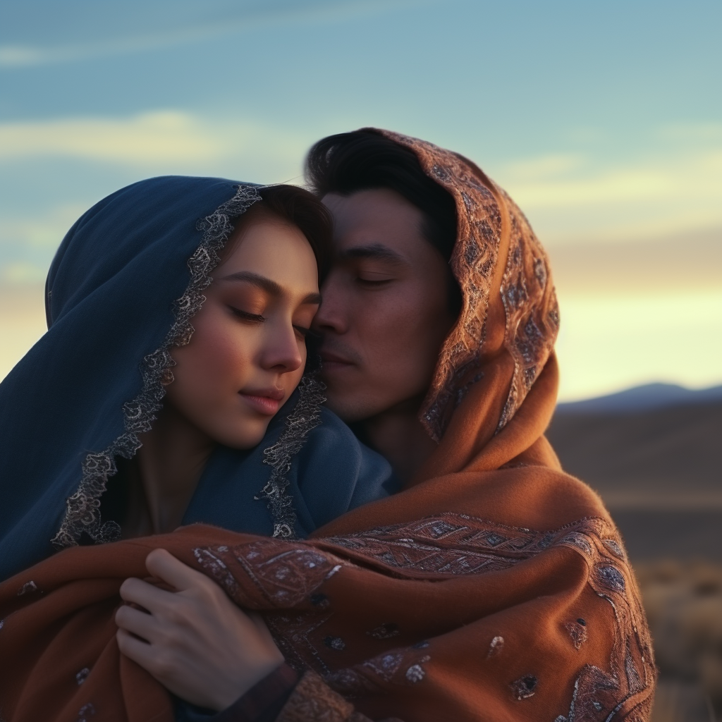 Handsome Muslim man hugging his wife in Kazakh Steppe