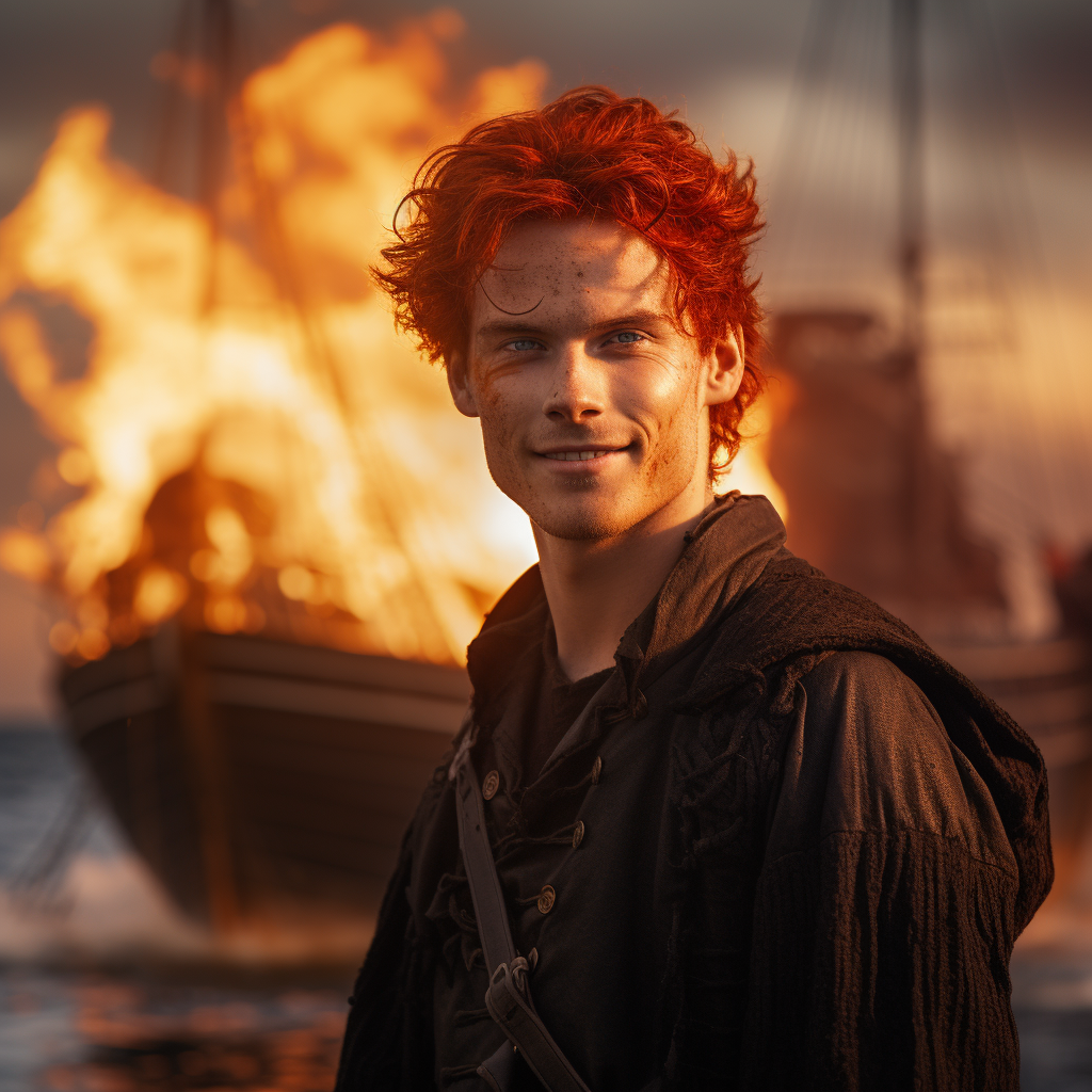 Red-haired Knight Smiling with Burning Ship in Background