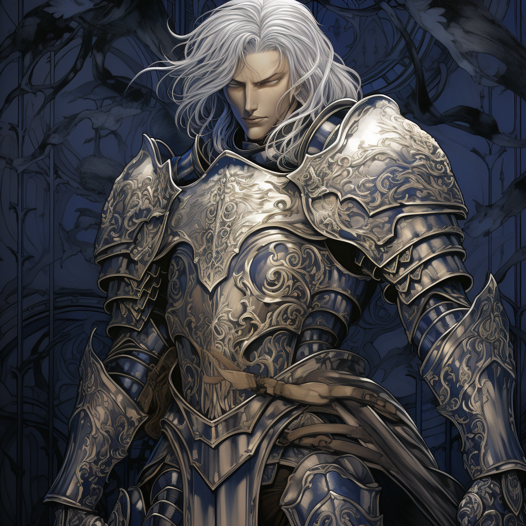 Handsome knight in silver armor with blue engravings