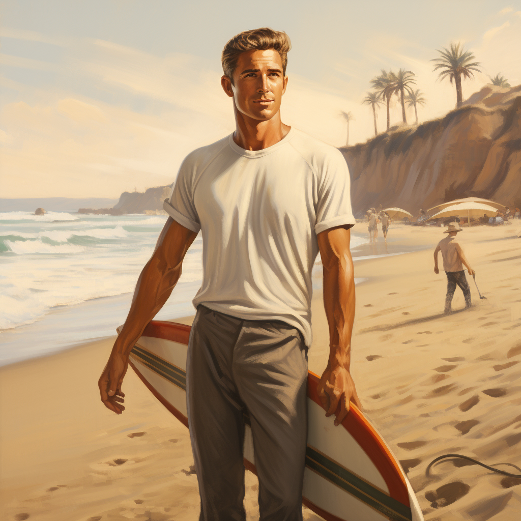 Handsome surfer in sophisticated surf clothes on a wonderful beach