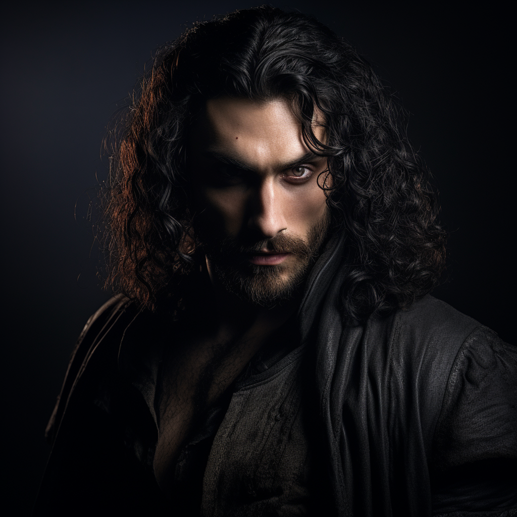 Handsome vampire with curly black hair and beard