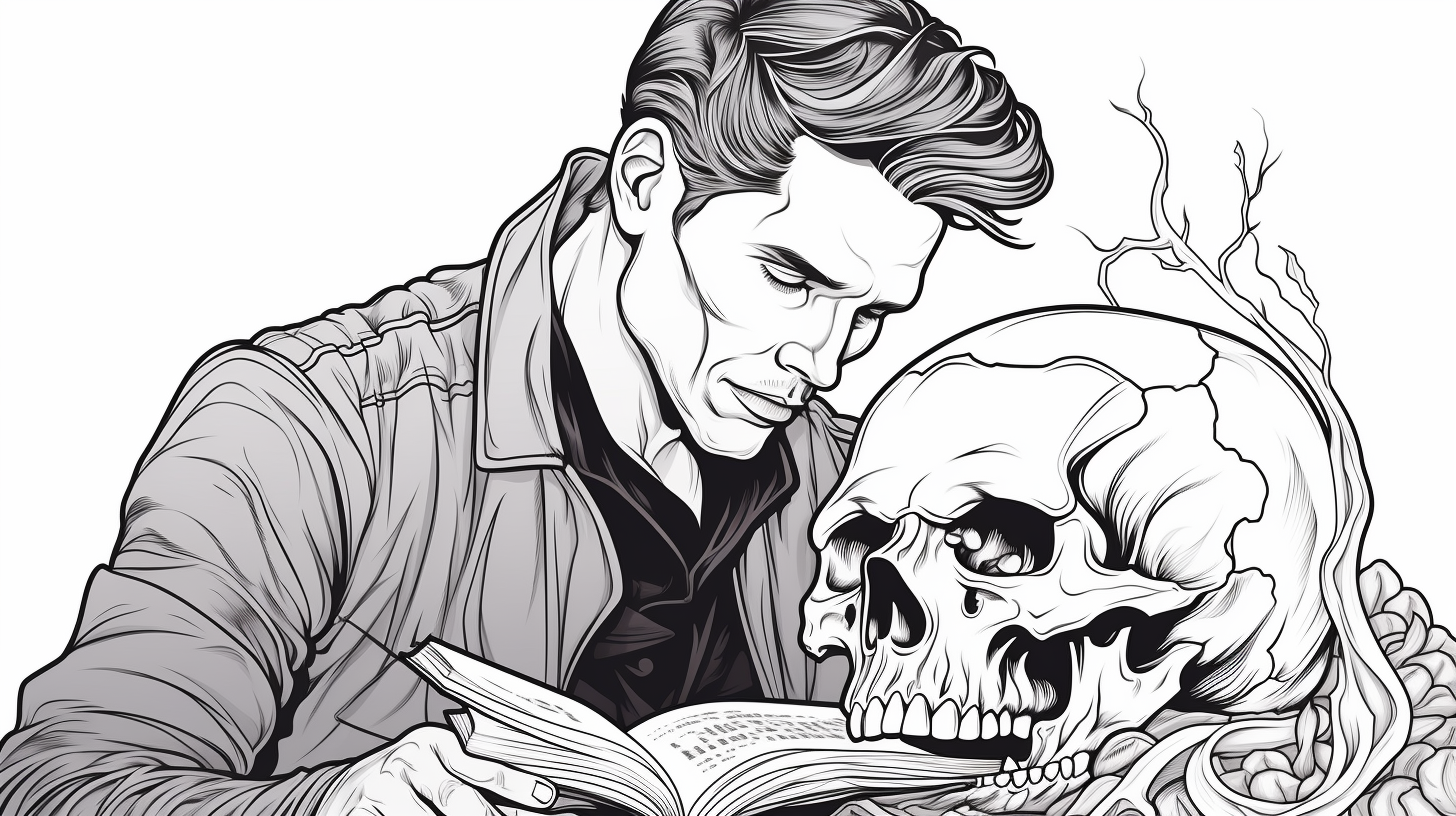 Handsome vampire holding skull in black and white