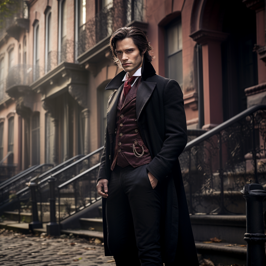 Handsome vampire in front of brownstone