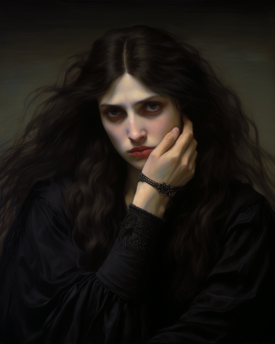 Portrait of a Handsome Vampire Woman with Long Black Hair