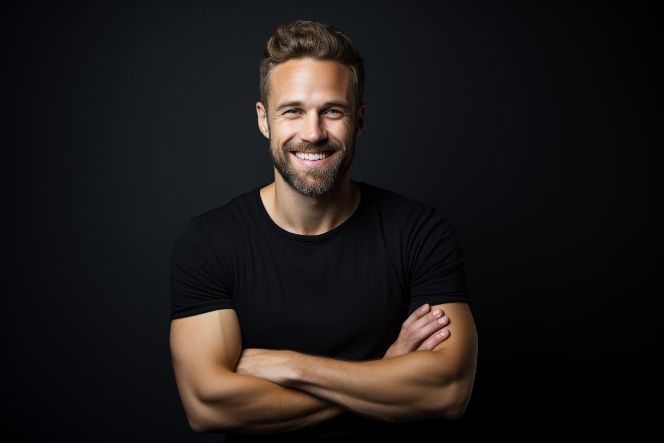 White man smiling in black jersey