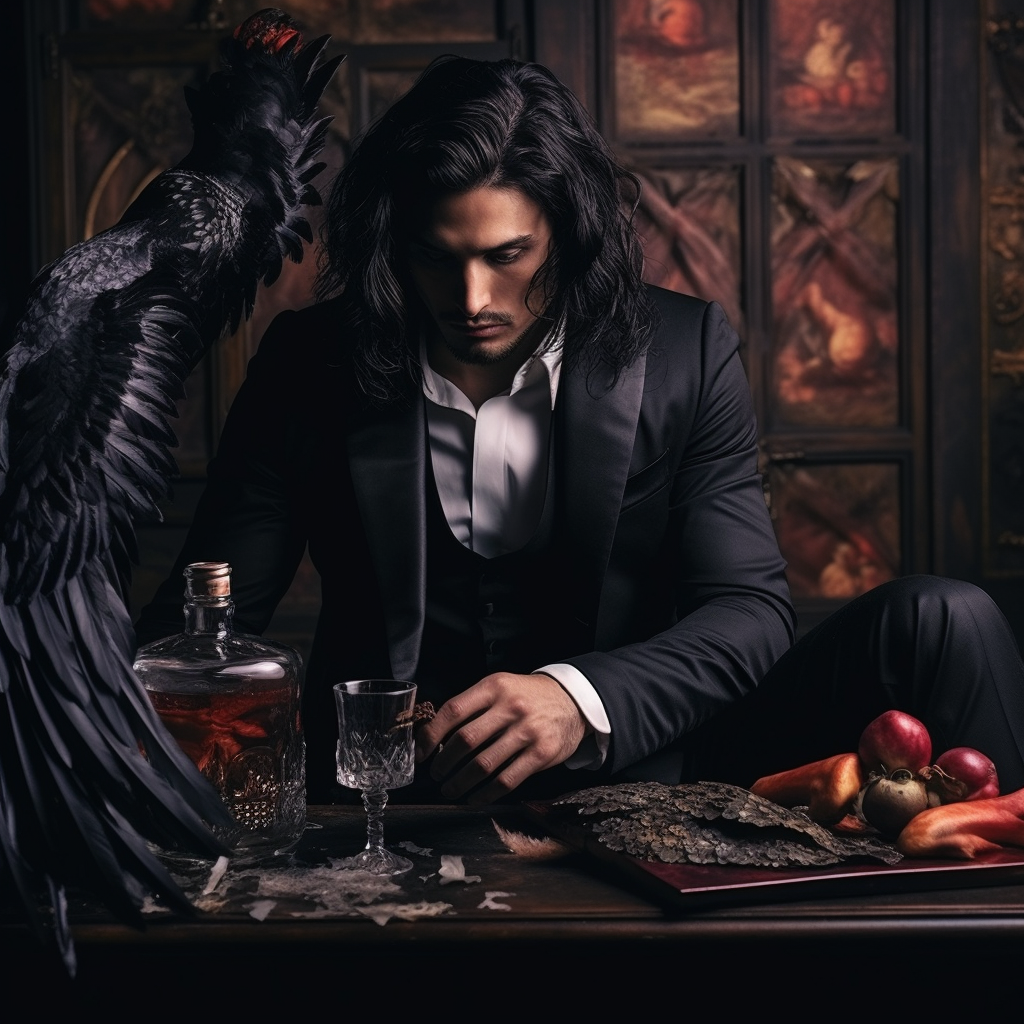 Handsome man in black suit with whiskey and magpie