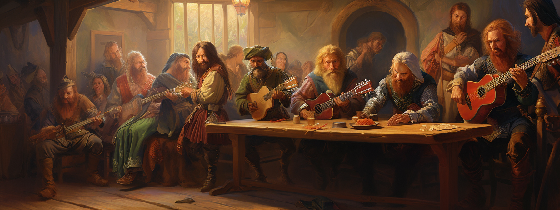 Bard plays lute on tavern stage