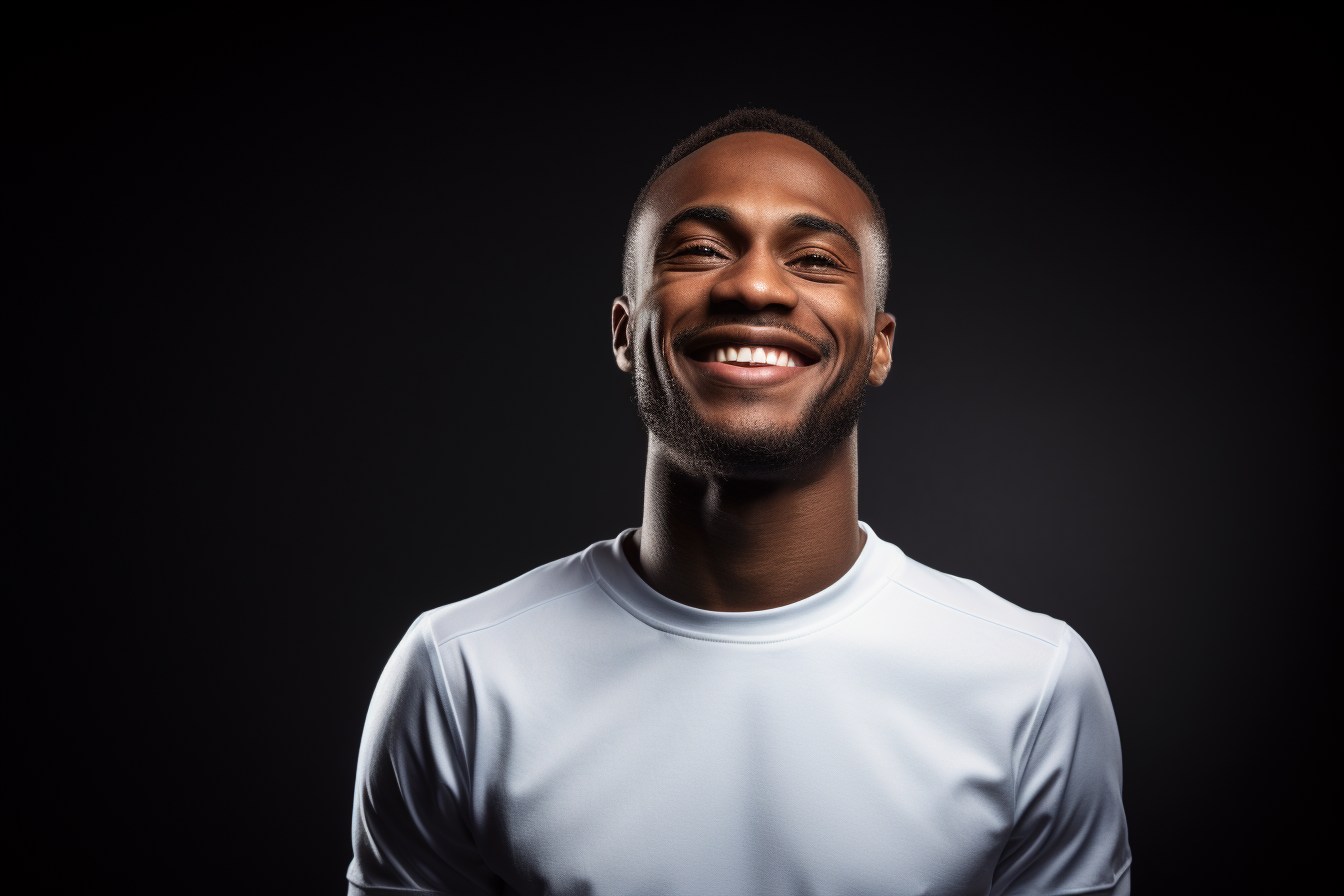 Smiling black man wearing white jersey on black background