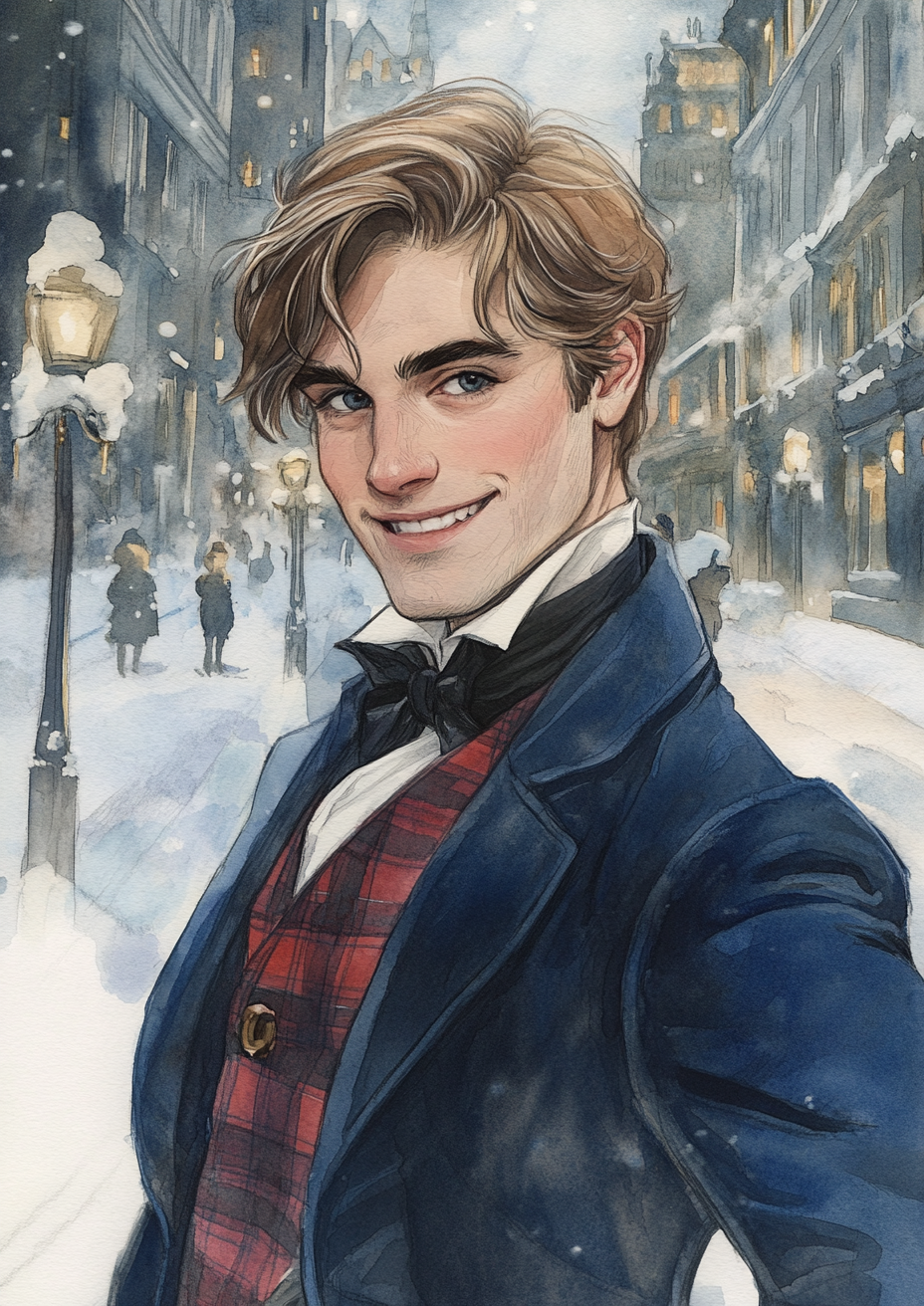 Young man in Victorian Christmas scene