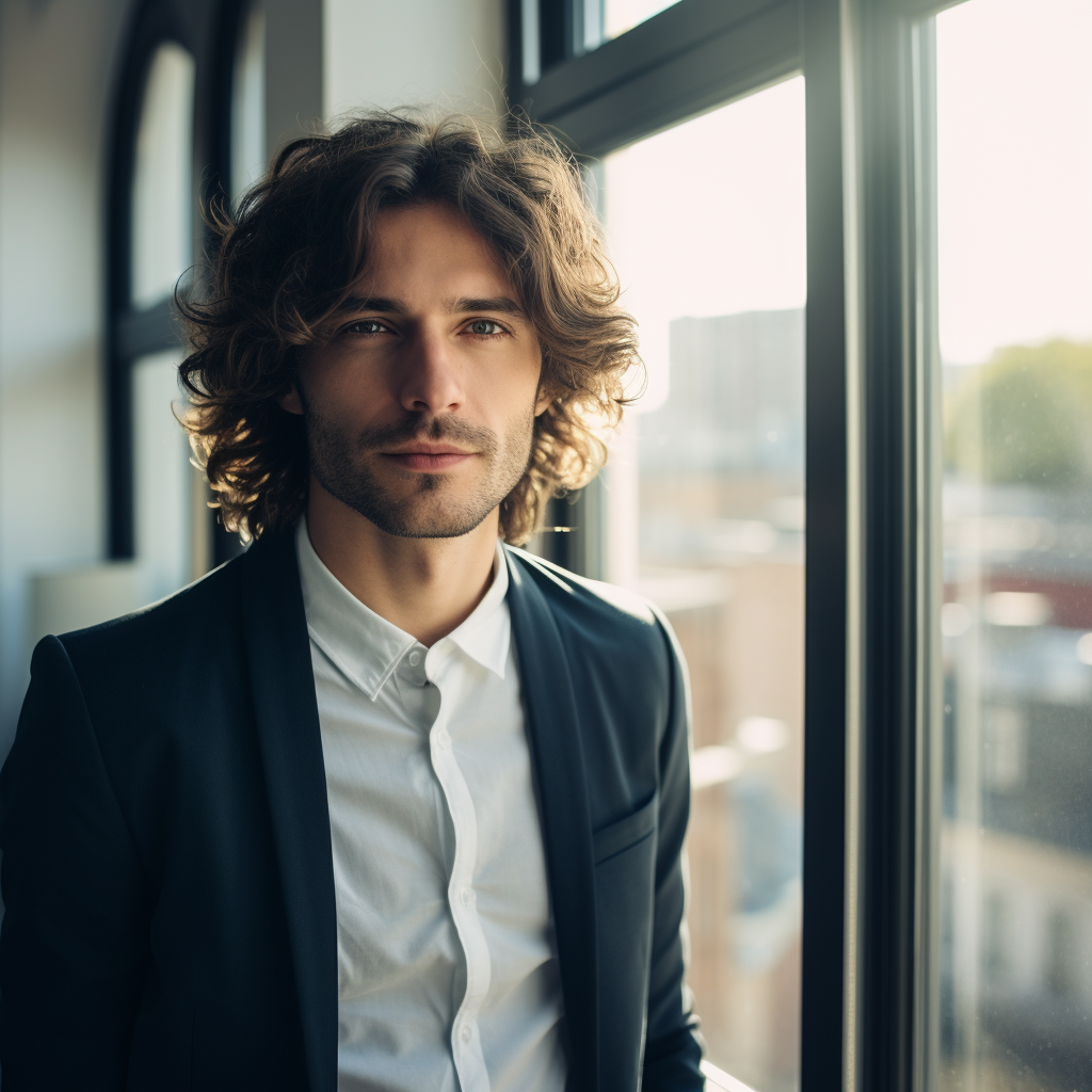 Handsome man working near office window