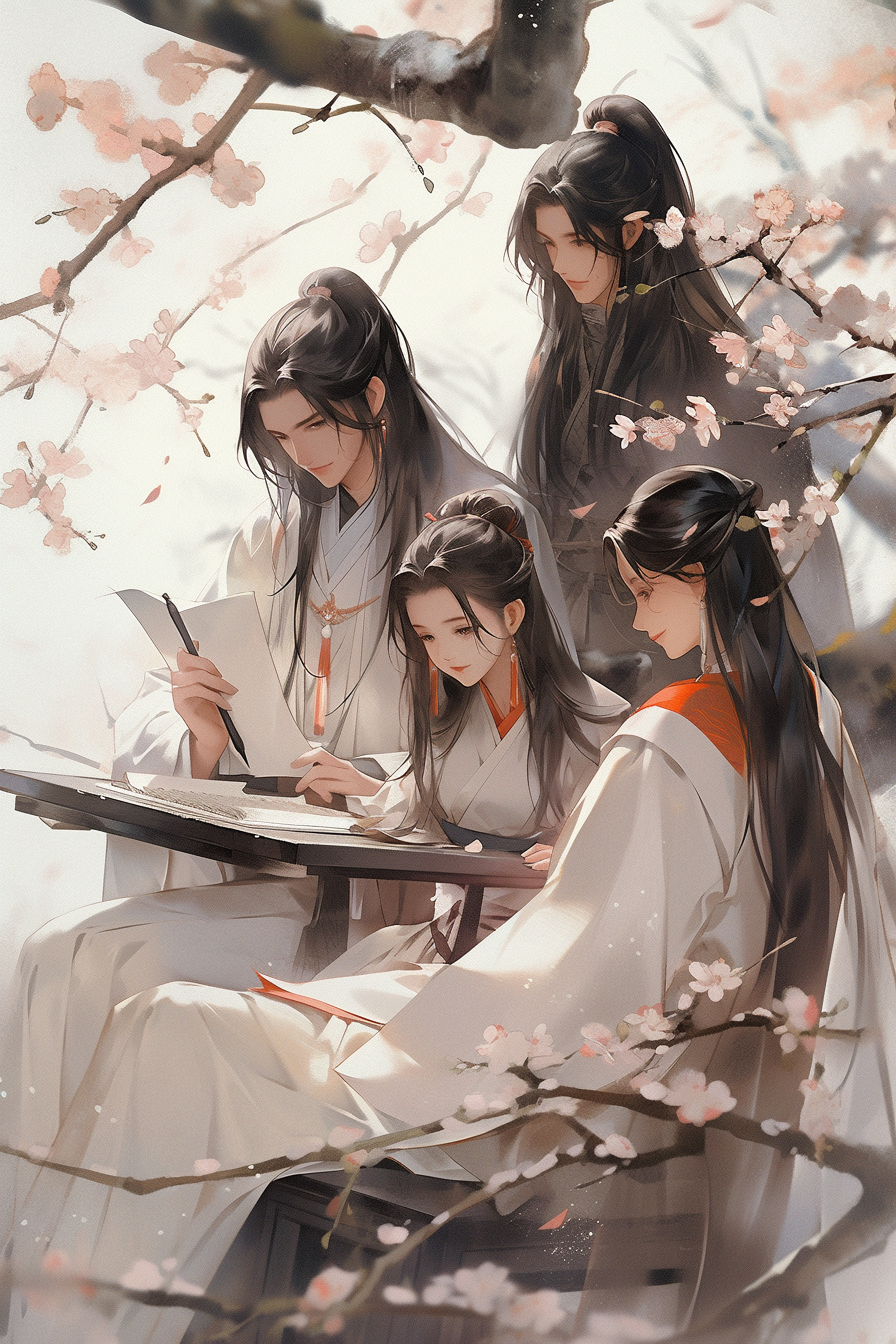 Chinese painting of people in Hanfu under blossom tree