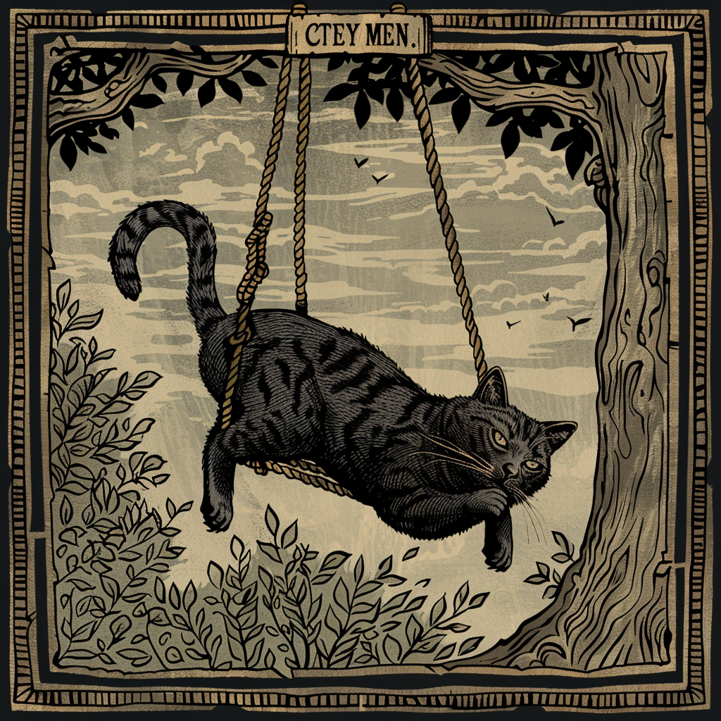 Cat hanged man tarot woodcut