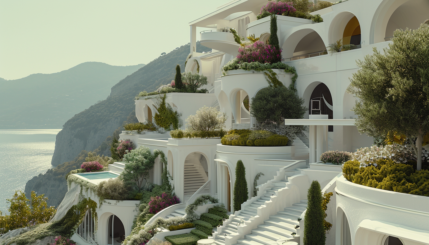 Hanging gardens, Greek architecture, beautiful design