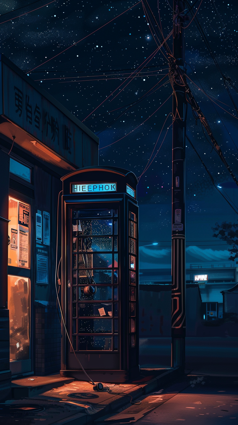 Telephone booth hanging phone night