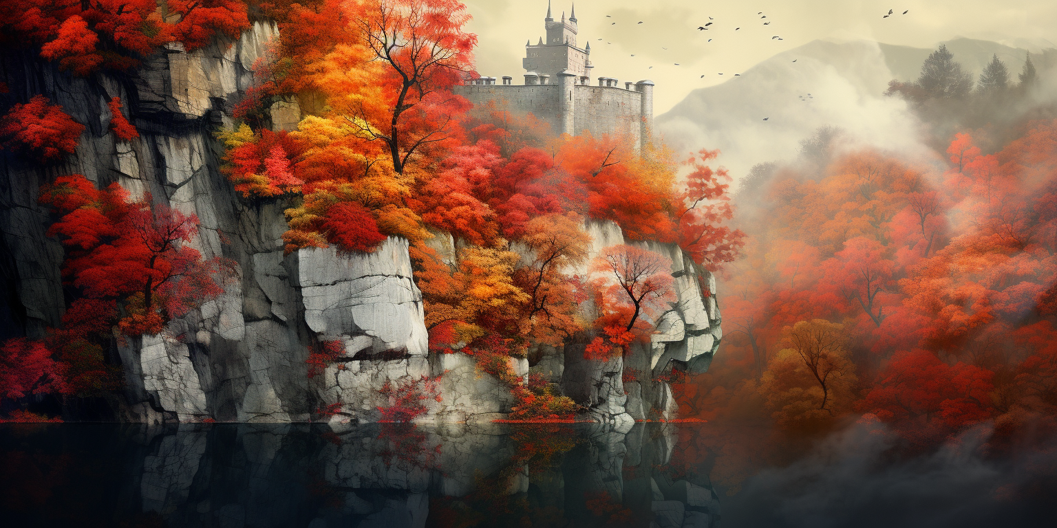 Beautiful autumn scene with castle, rock, and maple tree