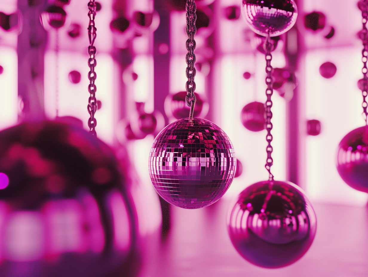 View of hanging swing surrounded by disco balls