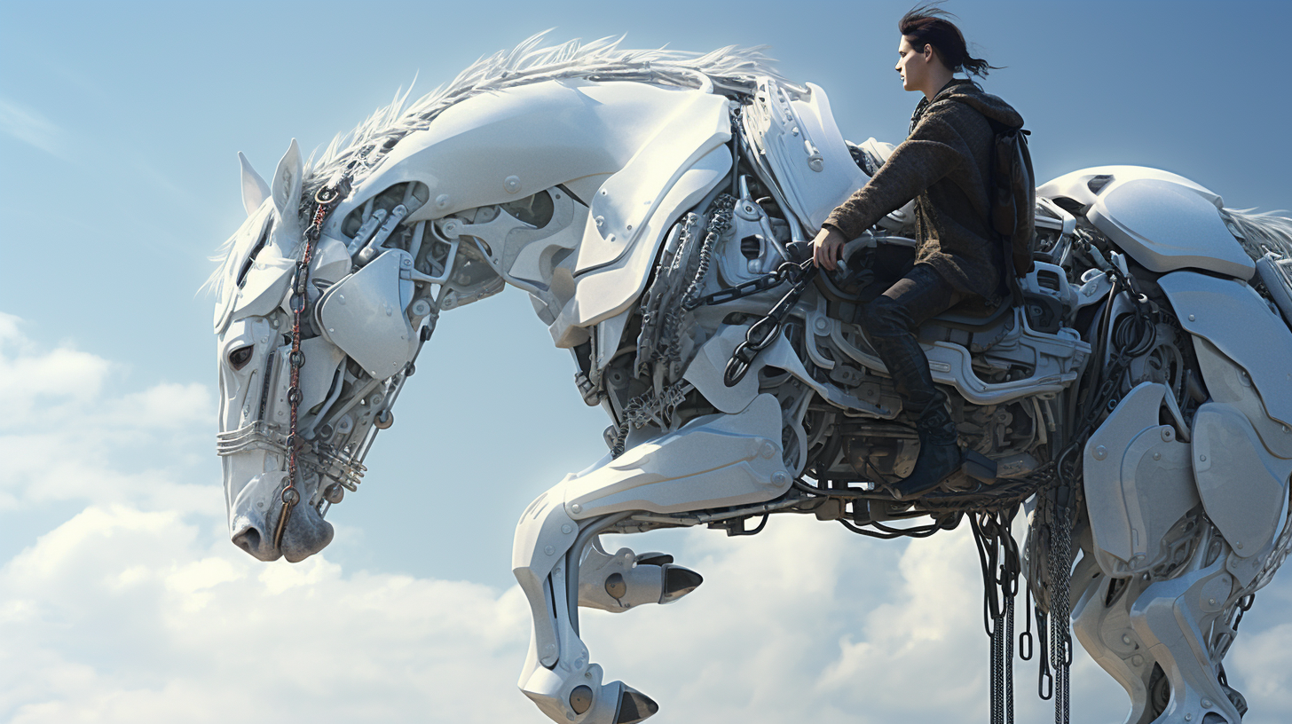 Man hanging on robot horse tail