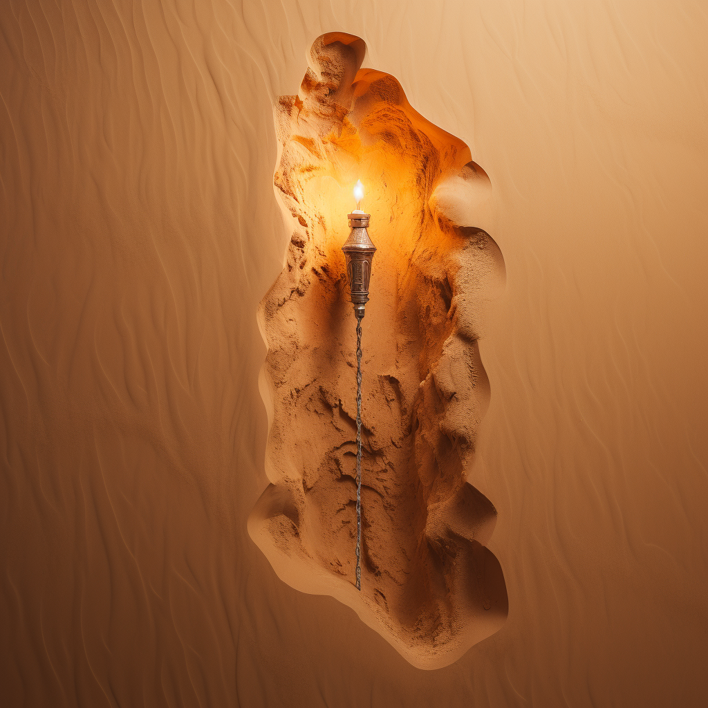 Above view of hanging wall torch in sandy surroundings