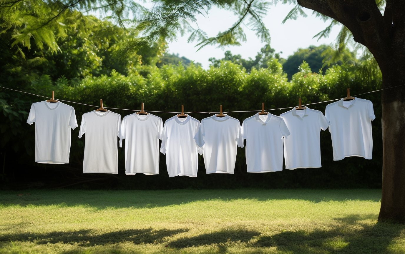 White shirts drying in green yard