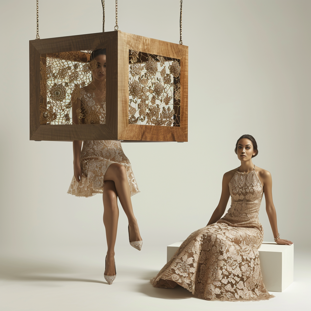 Hanging wooden cube with fair models