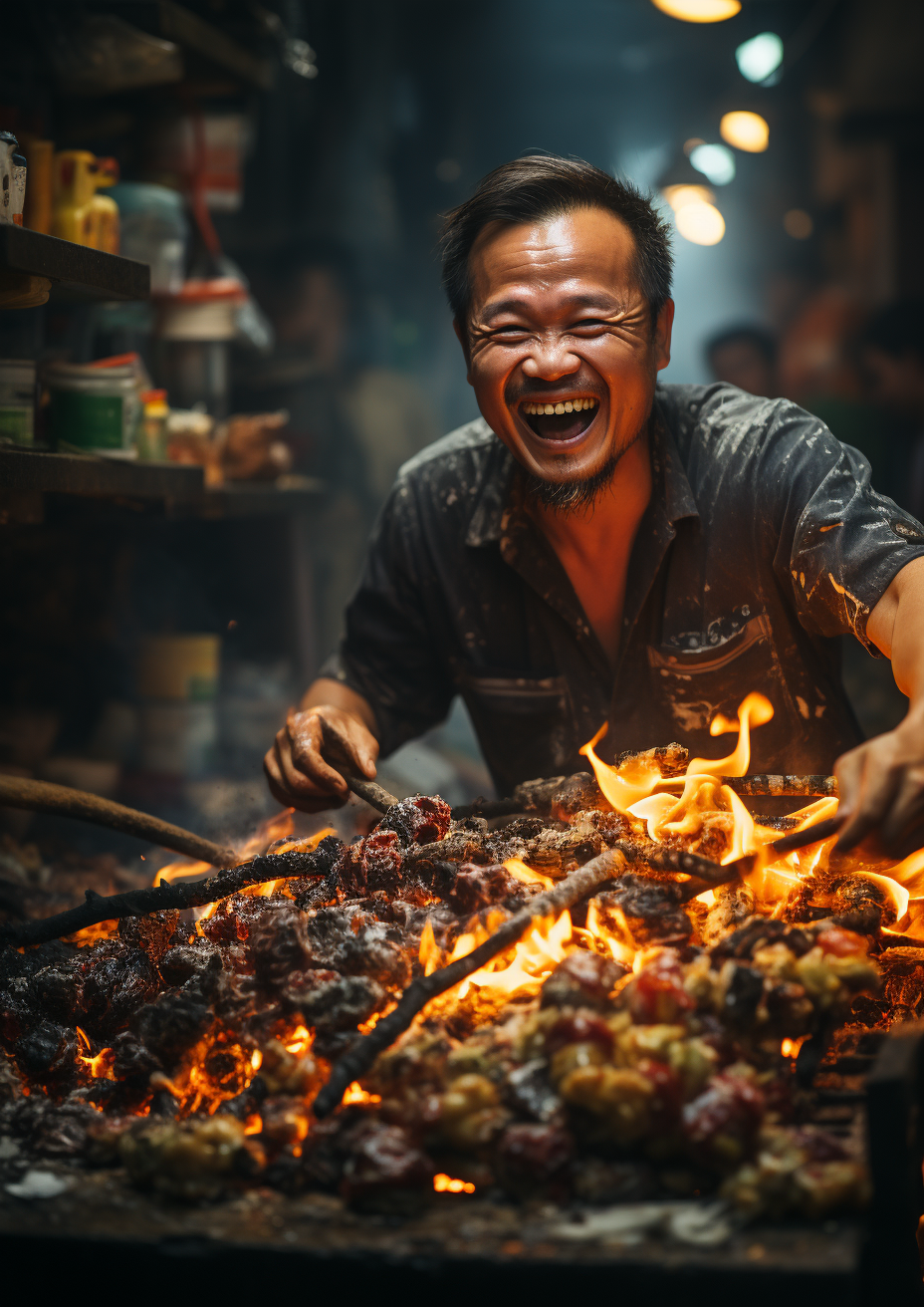 Street hawker grilling Vietnamese pizzas