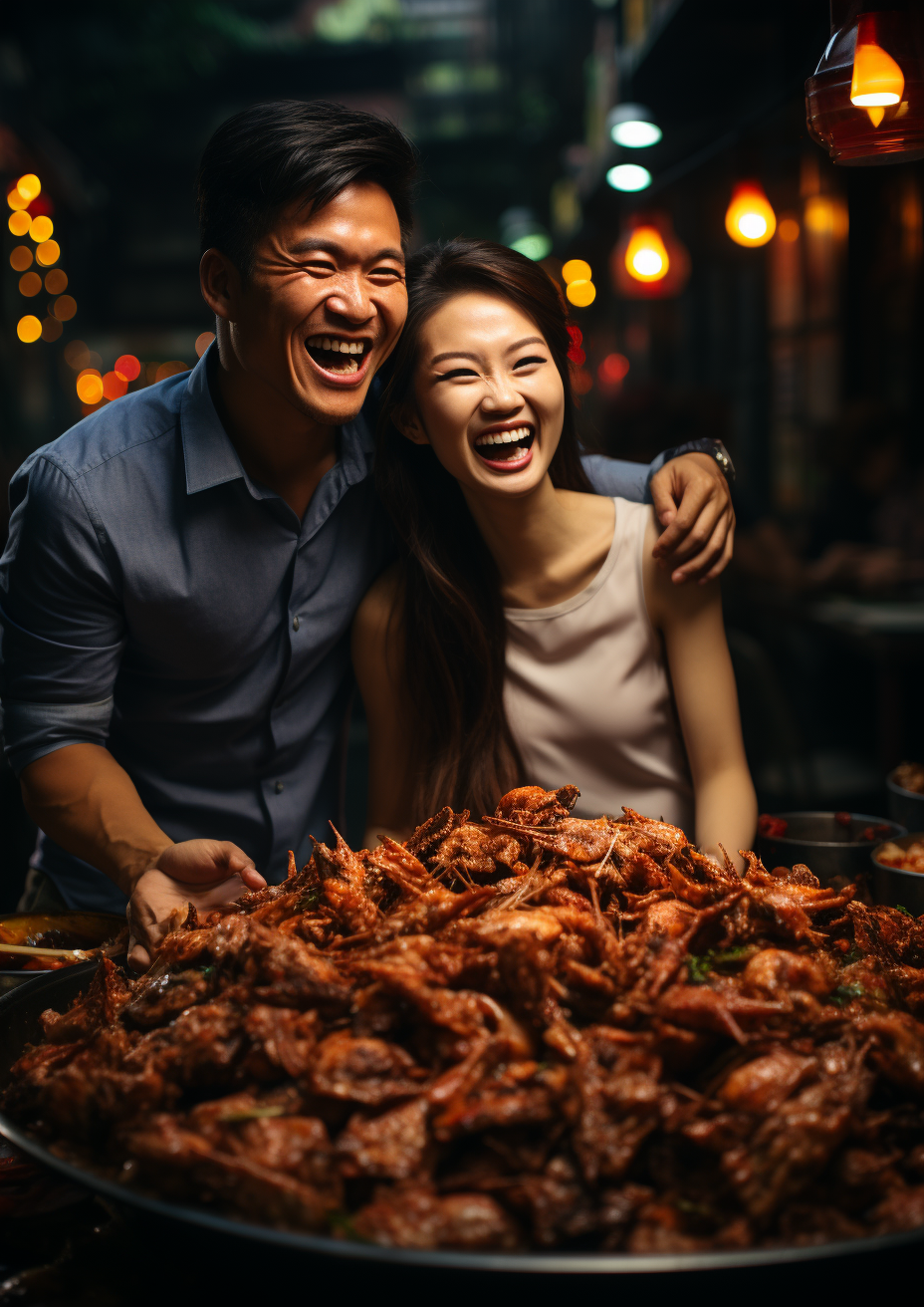 Asian couple enjoying crispy chicken wings in Hanoi