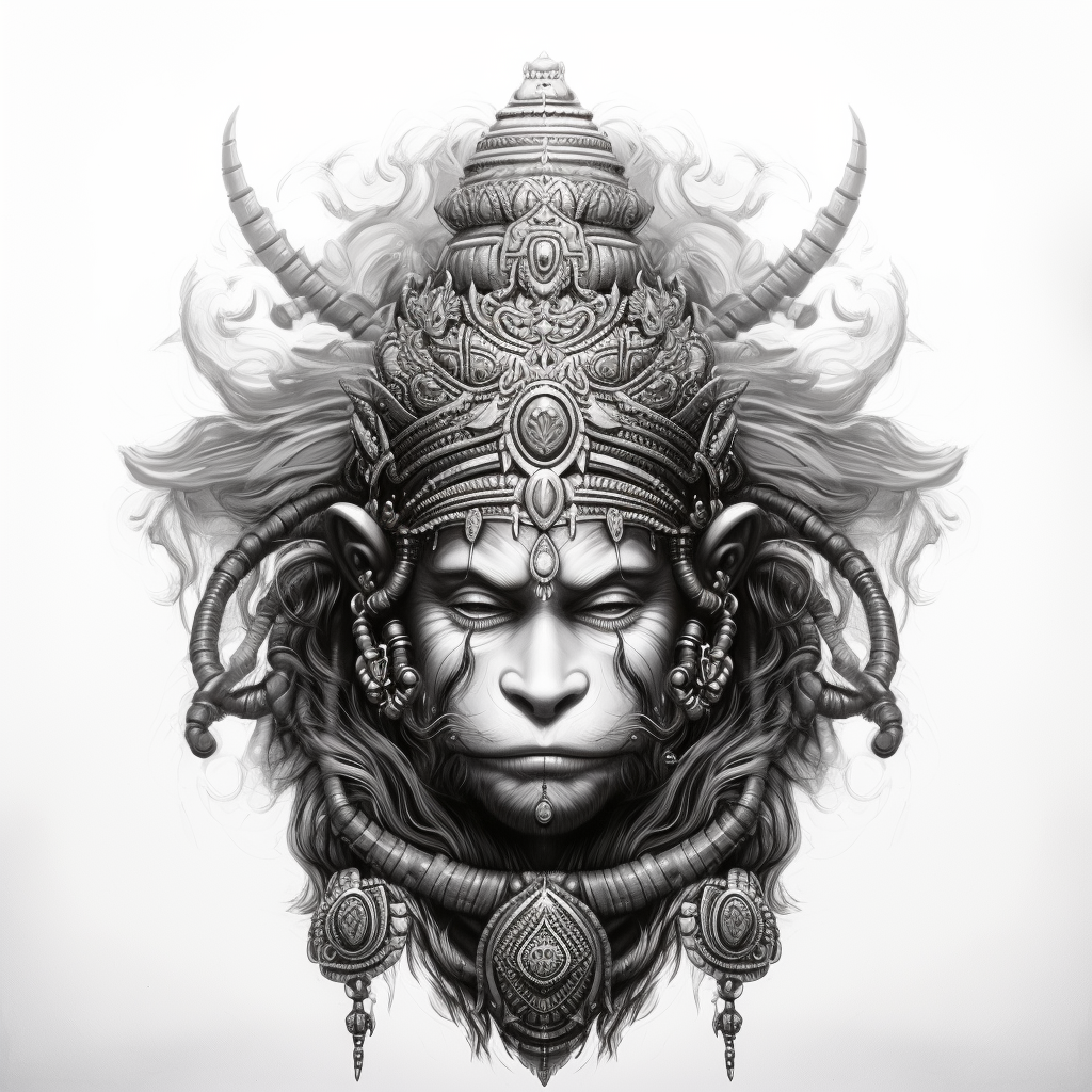 Black and white rendition of powerful Hanuman