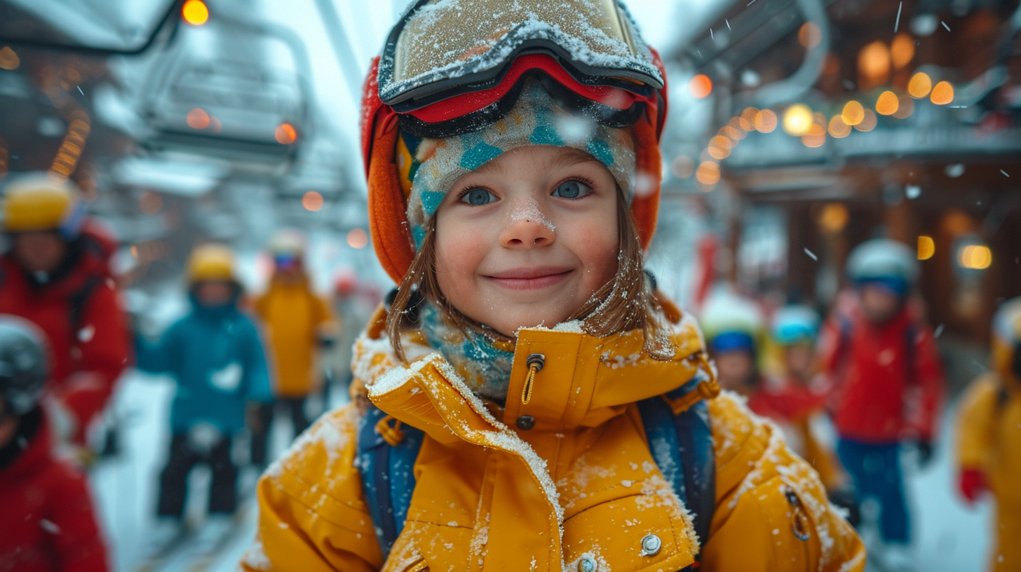 Happy adults and children skiing