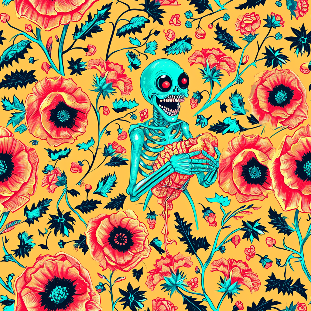 Floral pattern with happy alien eating miniature human body