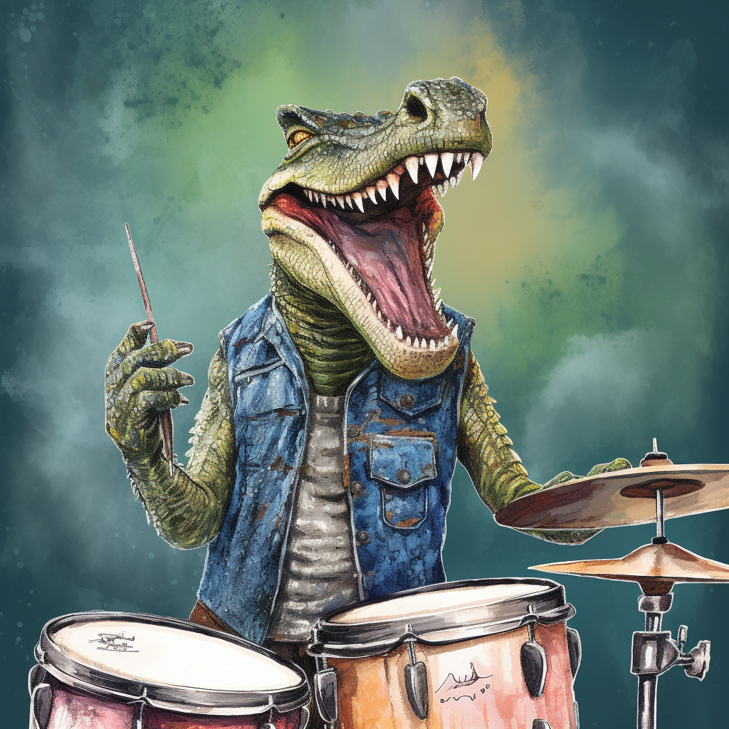 Alligator playing drums in a denim vest