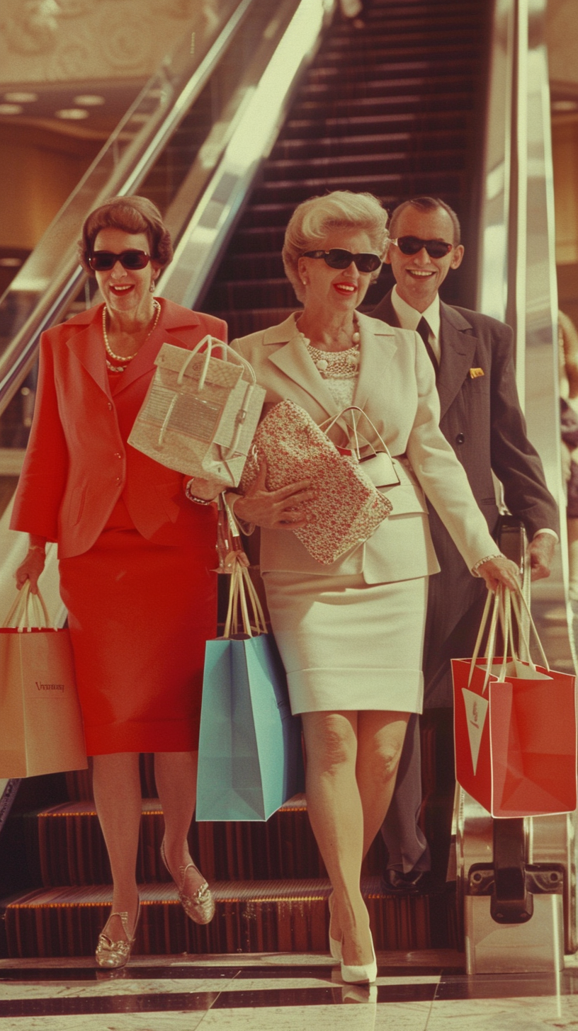 Elderly shoppers enjoying 1960s pop culture