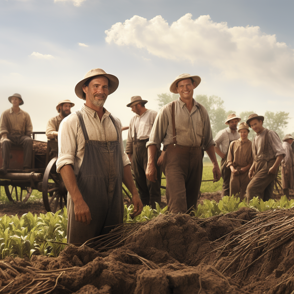 Amish farmers working joyfully in field