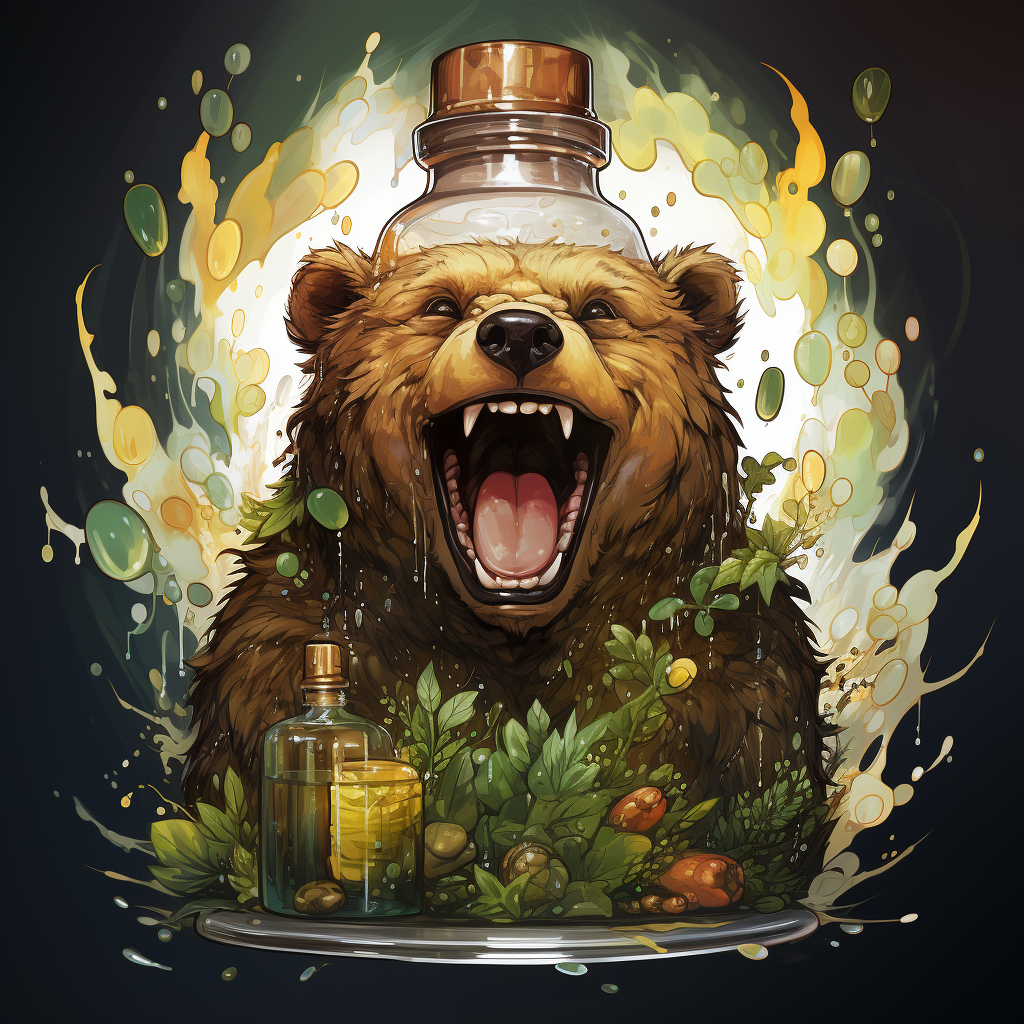 Cartoon bear drinking magic oil