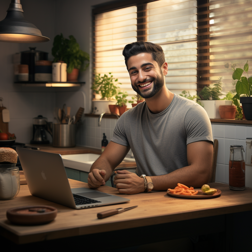 Happy person approved for mortgage in kitchen